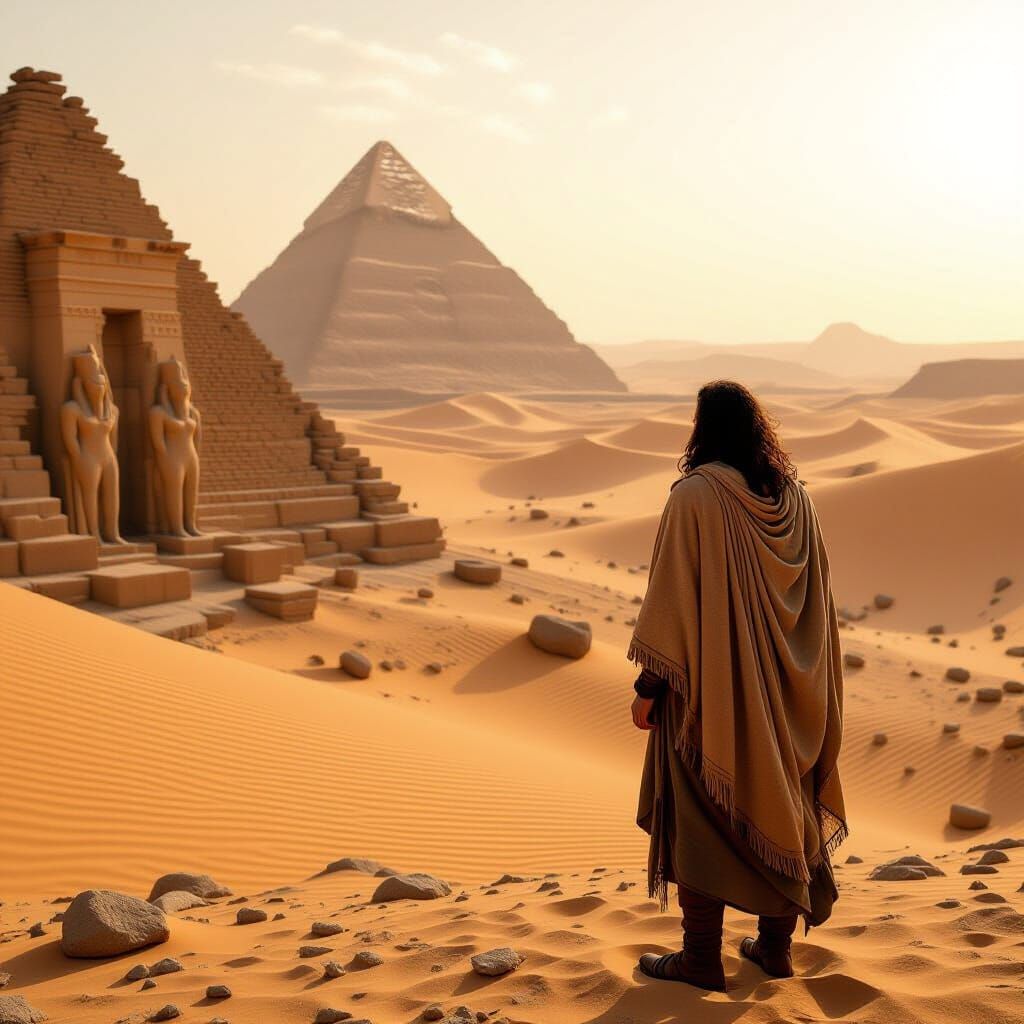 Worn Traveler Amidst Egyptian Ruins in Golden Light