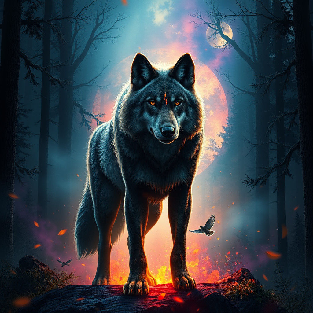 Scarred Wolf in Mystical Forest: Detailed Matte Painting
