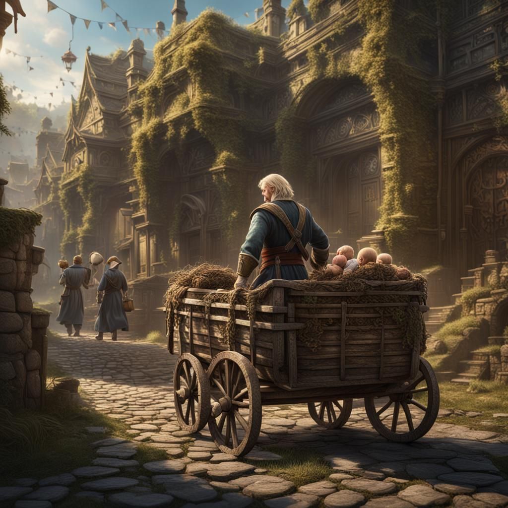 Man Pulling Cart with Baby: Detailed Fantasy Art