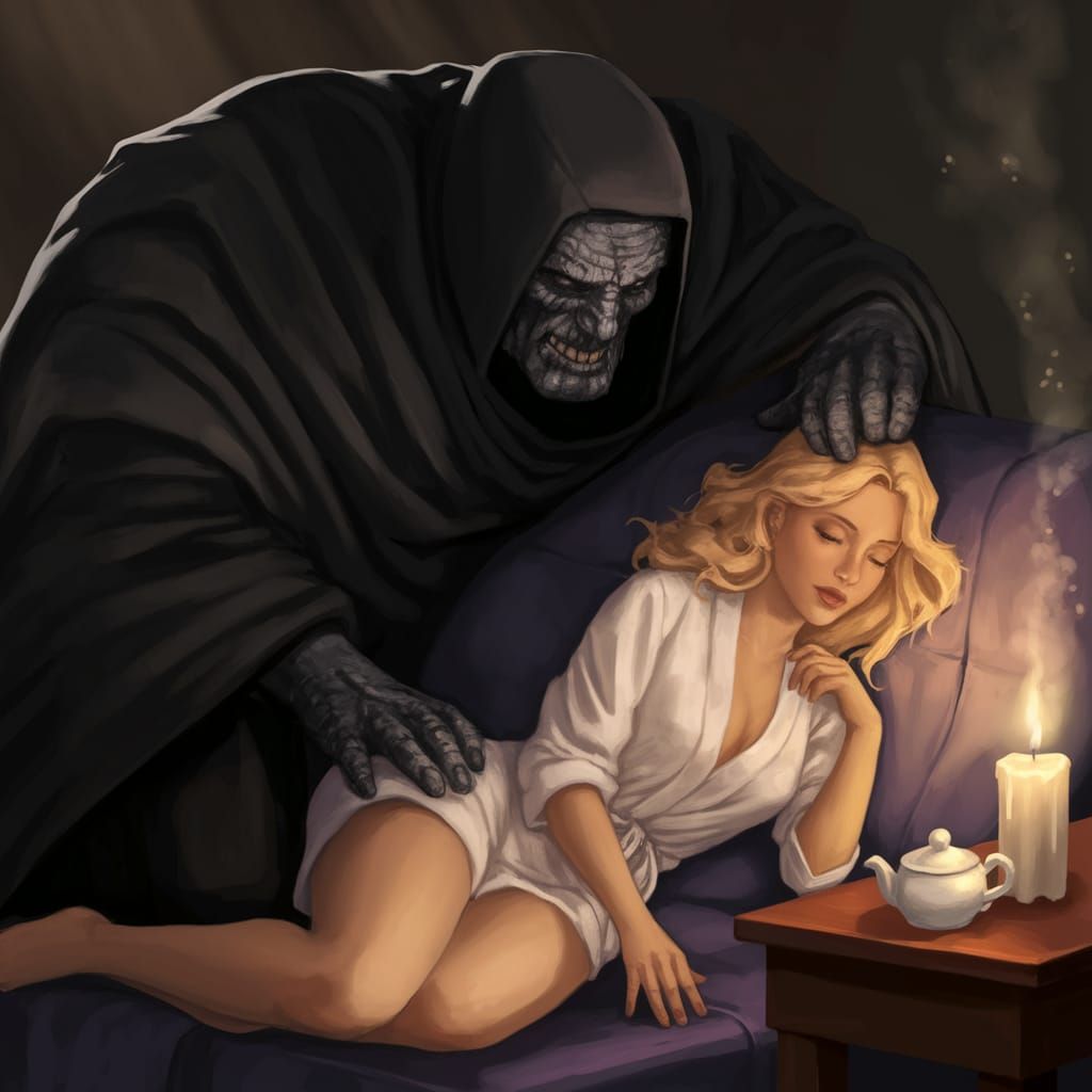 Dark Knight in Long Black Cloak Surveys Serene Woman