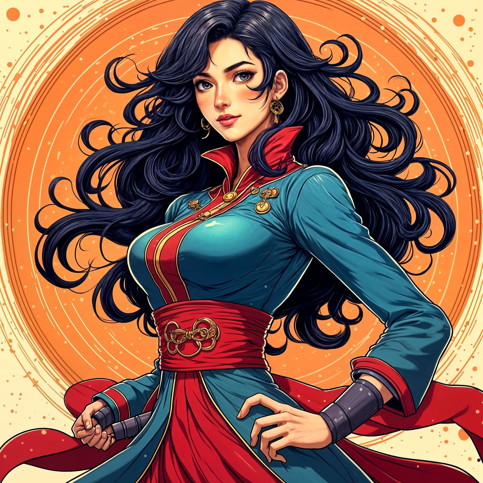 Cyberpunk Anime Goddess in Stunning Blue and Red Dress