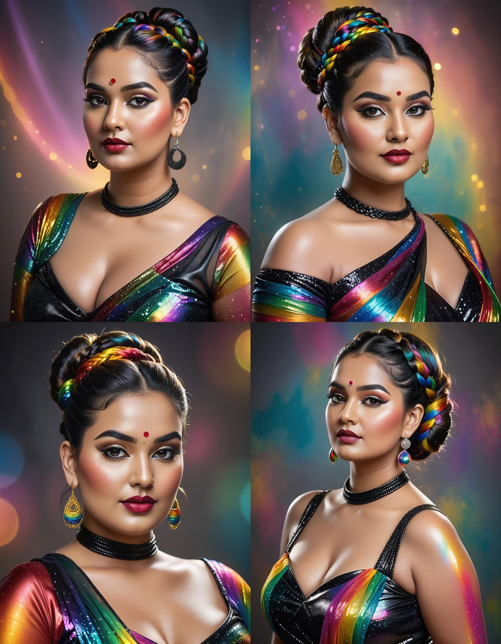 Curvy Model Portrait with Rainbow Saree and Moon