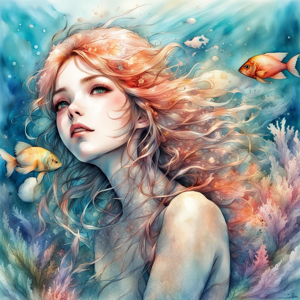 Stunning Japanese Mermaid in Flowery Pastel Watercolor