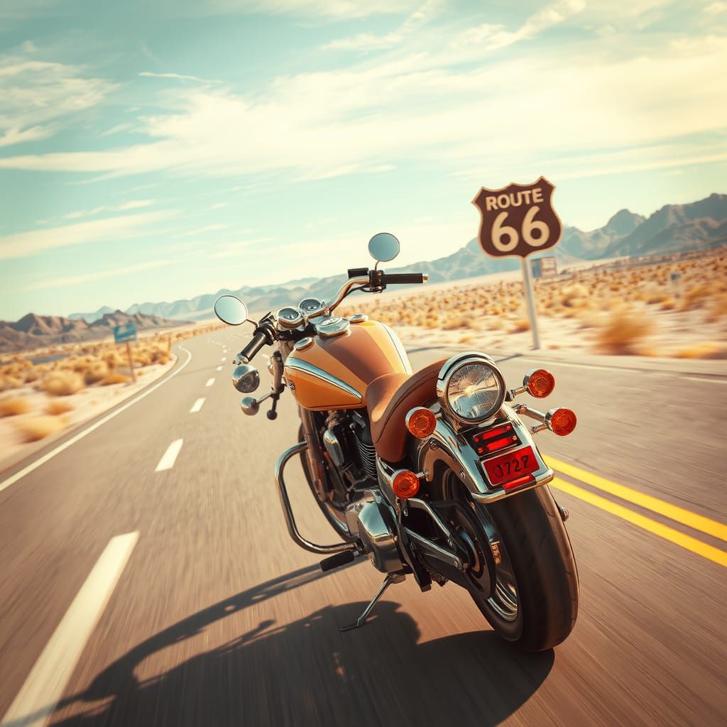 Vintage Motorcycle Speeds Down Route 66