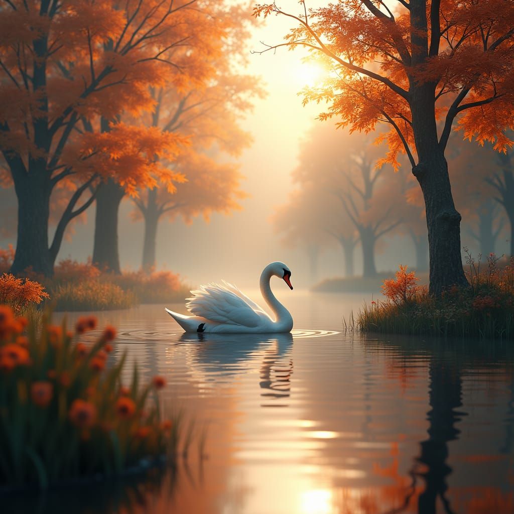 Majestic Swan on Autumn Lake: Fantasy Landscape