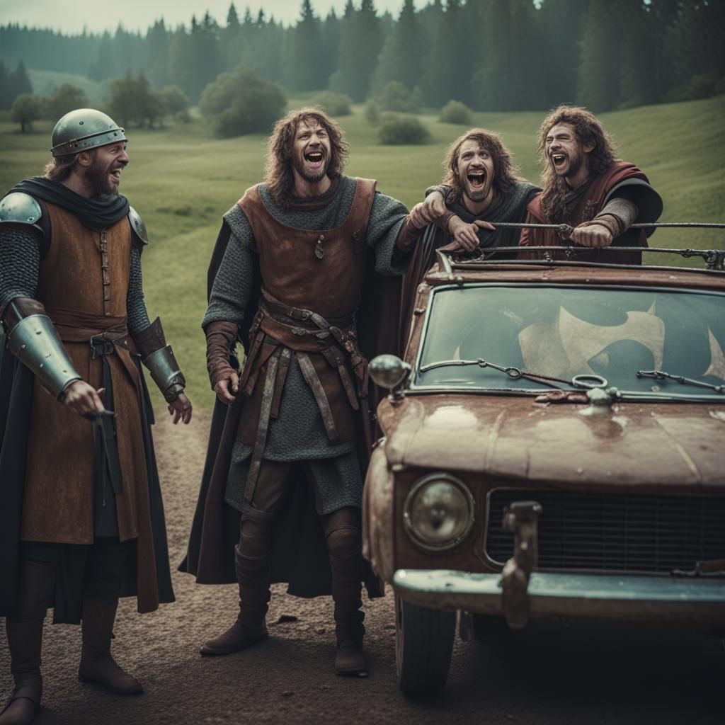 Medieval Party Finds Car: Cinematic Film Still