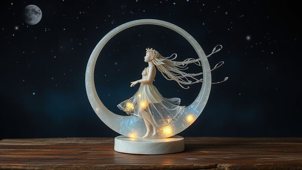 Girl-Moon Moonstone Sculpture in Art Nouveau Style