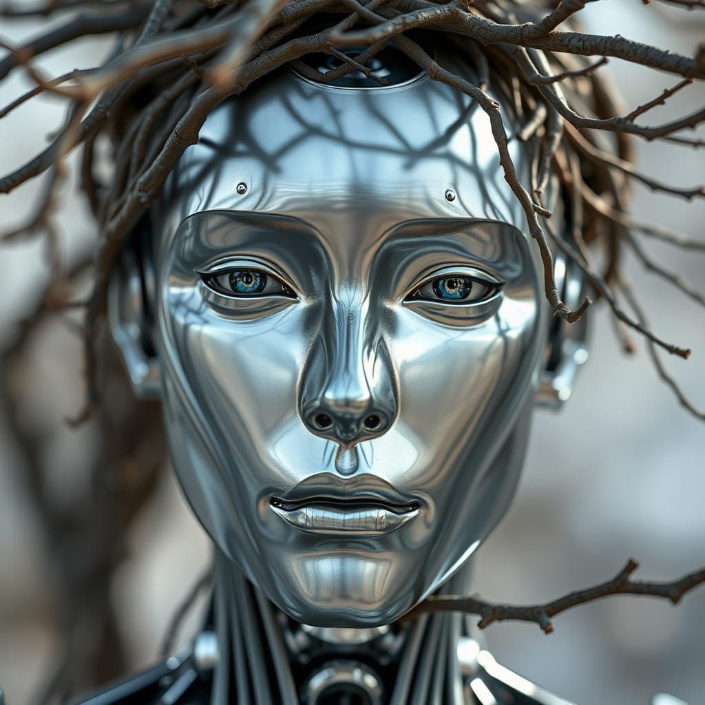 Metallic Android Face with Organic Wiring