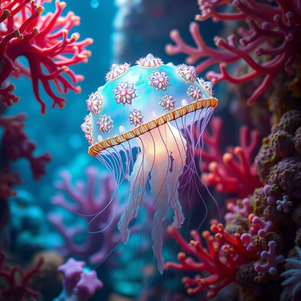 Bioluminescent Jellyfish Drifting Through Alien Coral Reef