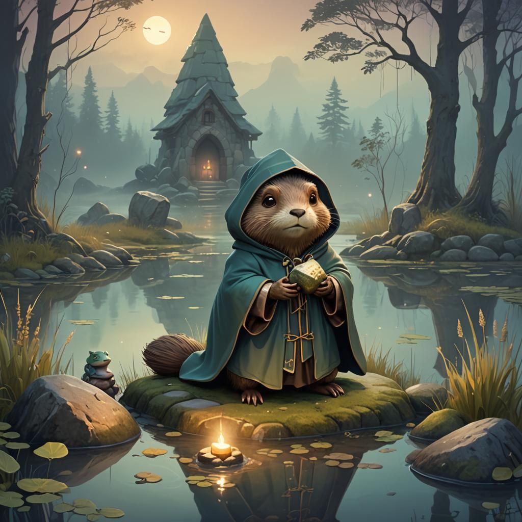 Chibi Beaver Wizard in Misty Wetland, Ghibli-Style
