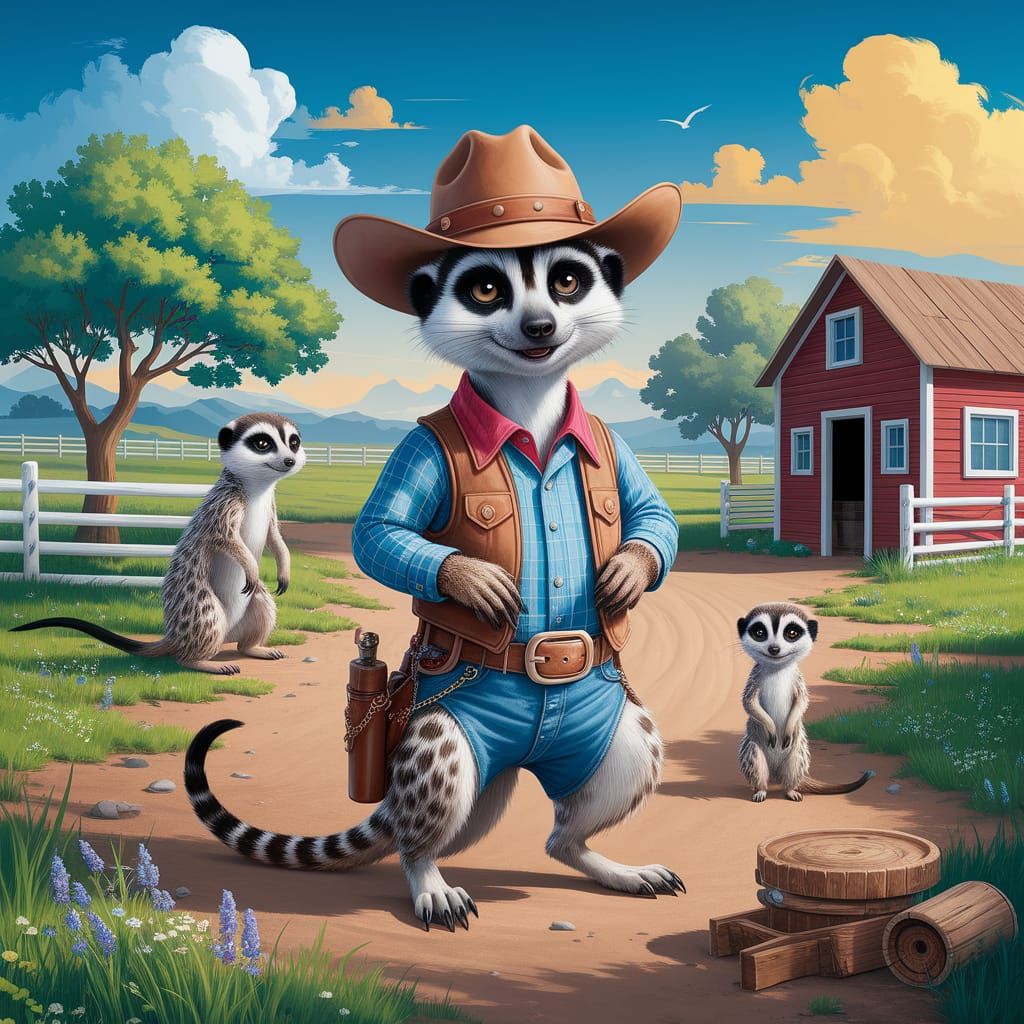 Whimsical Meerkat Cowboy on the Ranch