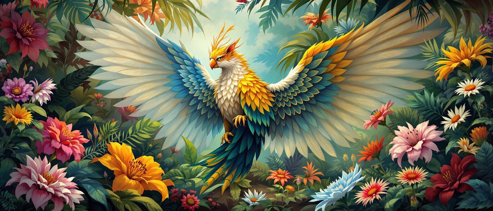 Fantastical Feline-Parrot Hybrid in Vibrant Tropical Setting