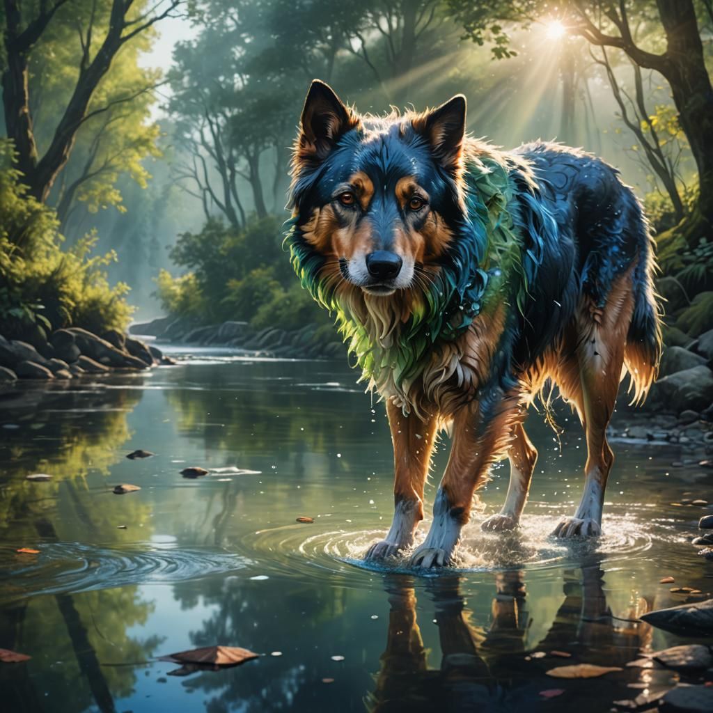 Hyperrealistic Dog Drinking in Misty Forest