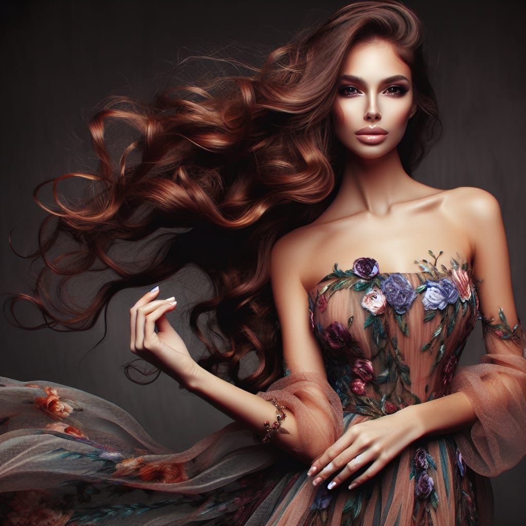 Elegant Woman with Flowing Hair in Sumptuous Dress