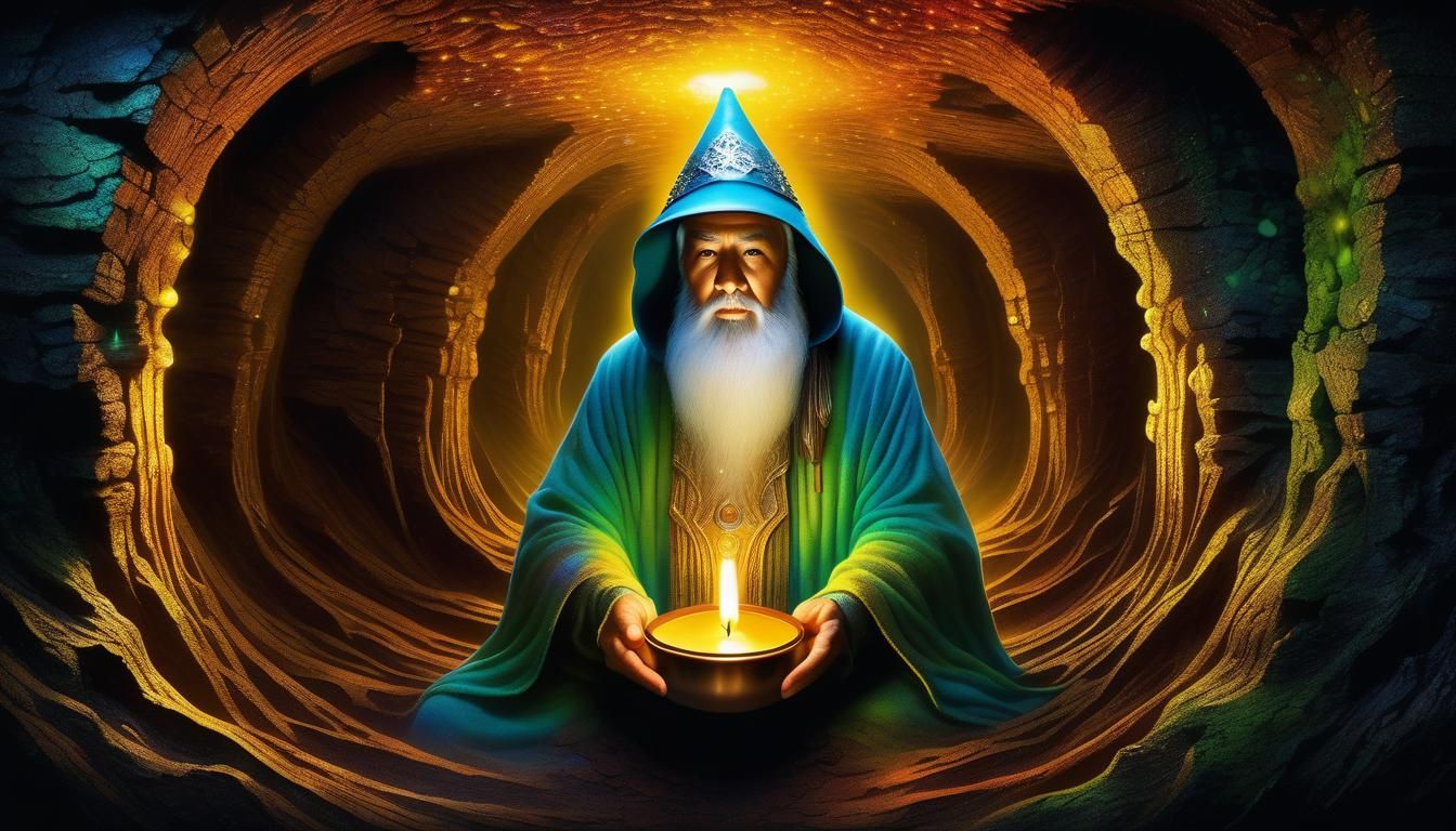 Ethereal Wizard with Candle in Iridescent Cave