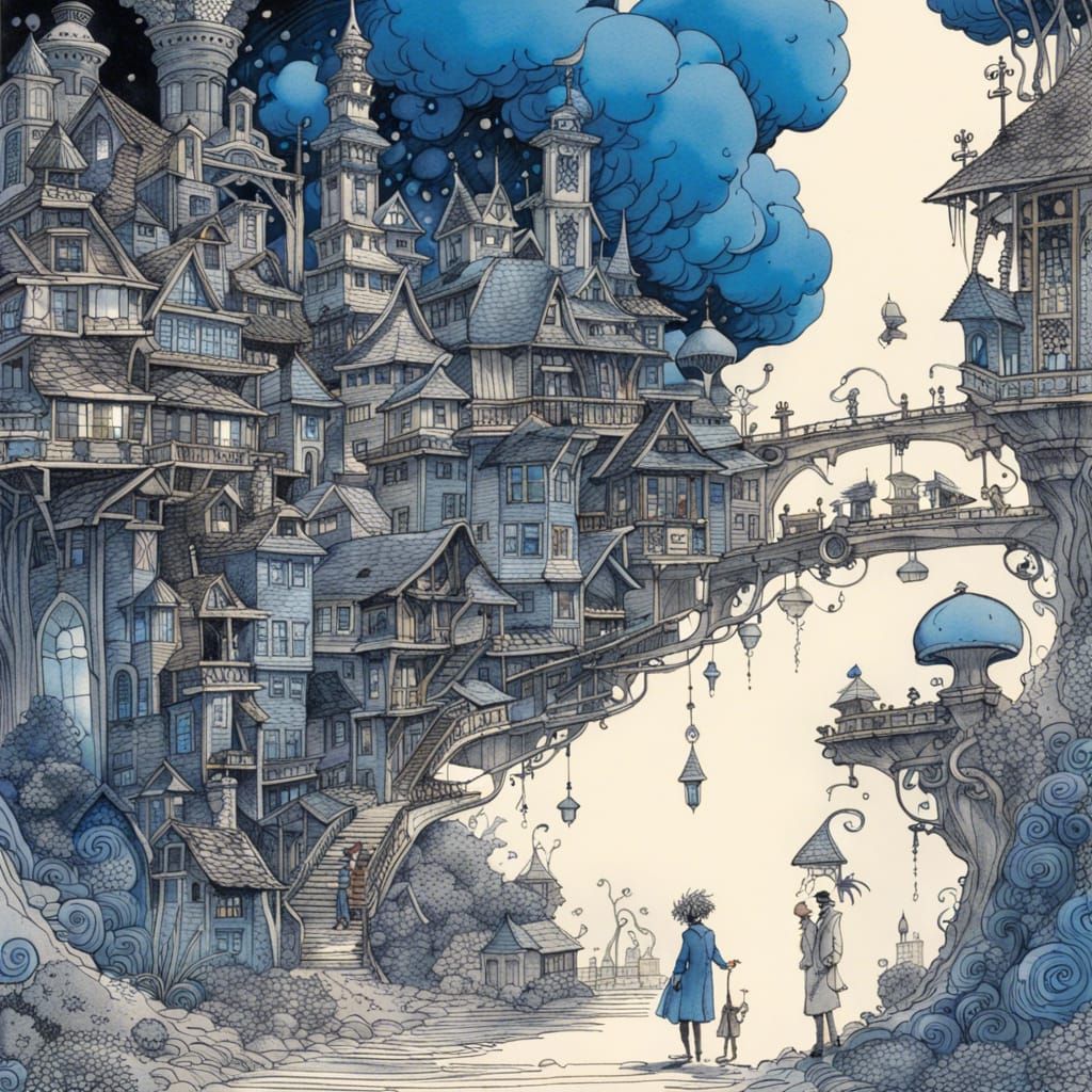 Art Nouveau Blue Ink Town Illustration