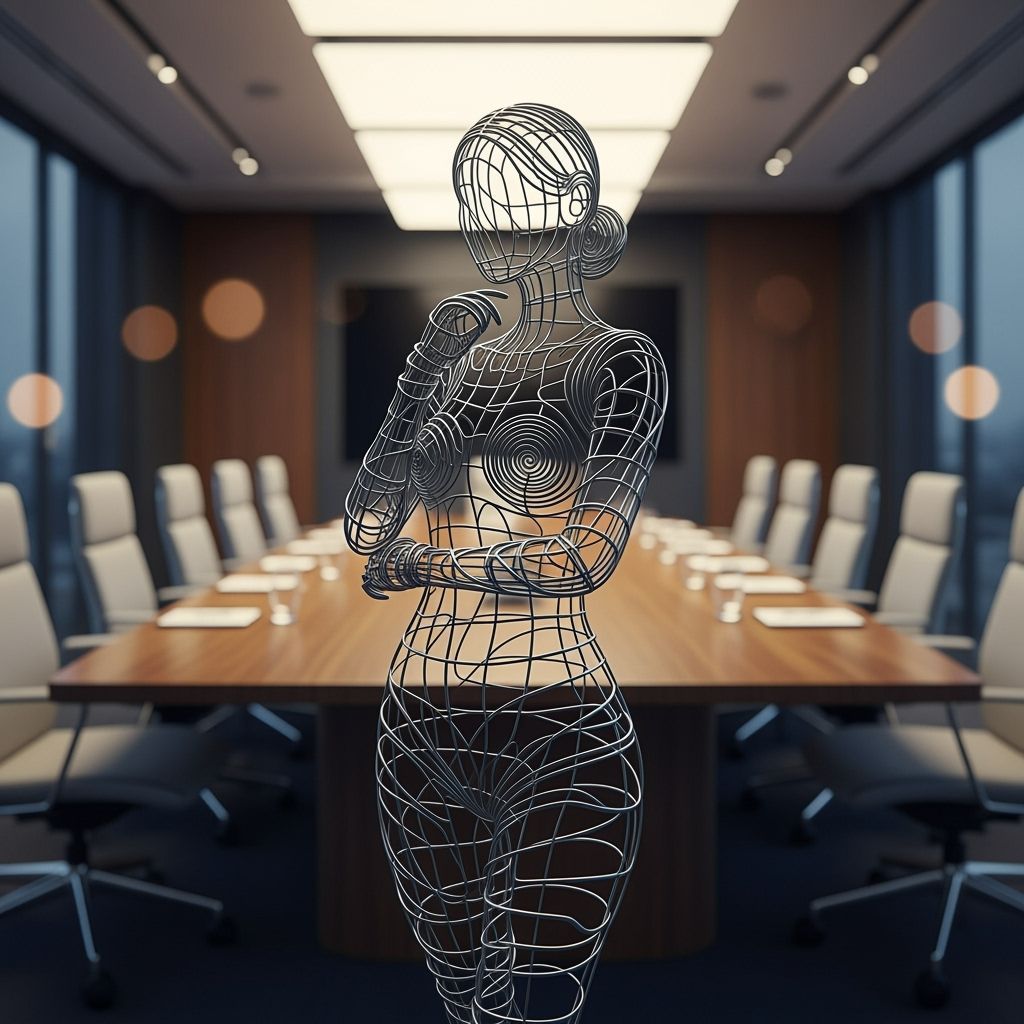 Wireframe Woman in Corporate Boardroom, Minimalist Digital A...