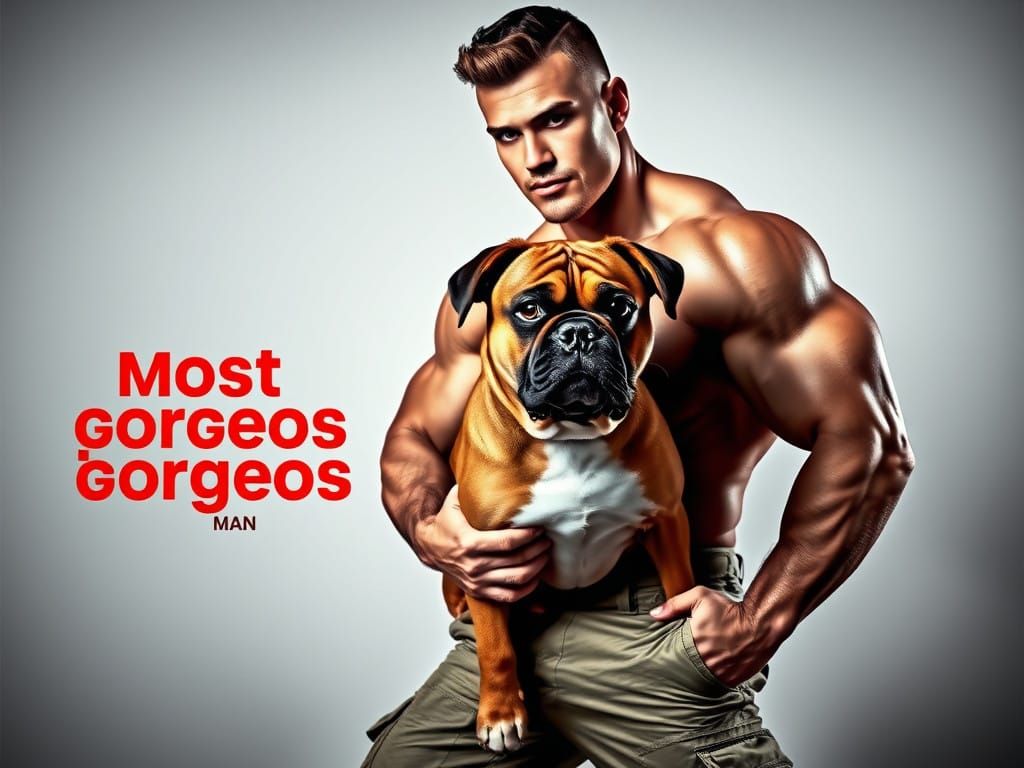 Gorgeous Bodybuilder Posing with Boxer Dog in Studio Lightin...
