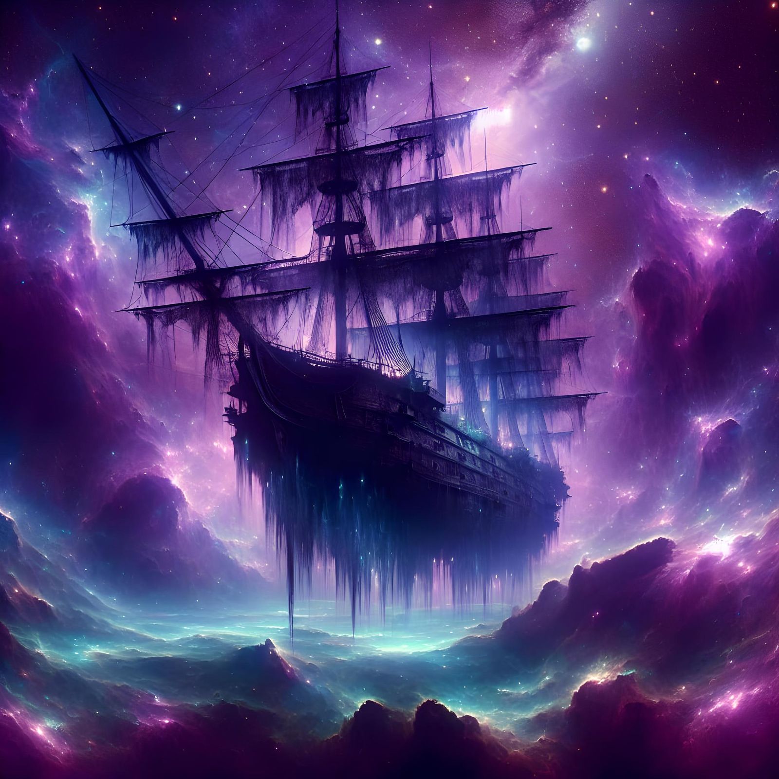 Ethereal Ghost Ship Sailing Through Violet Nebula