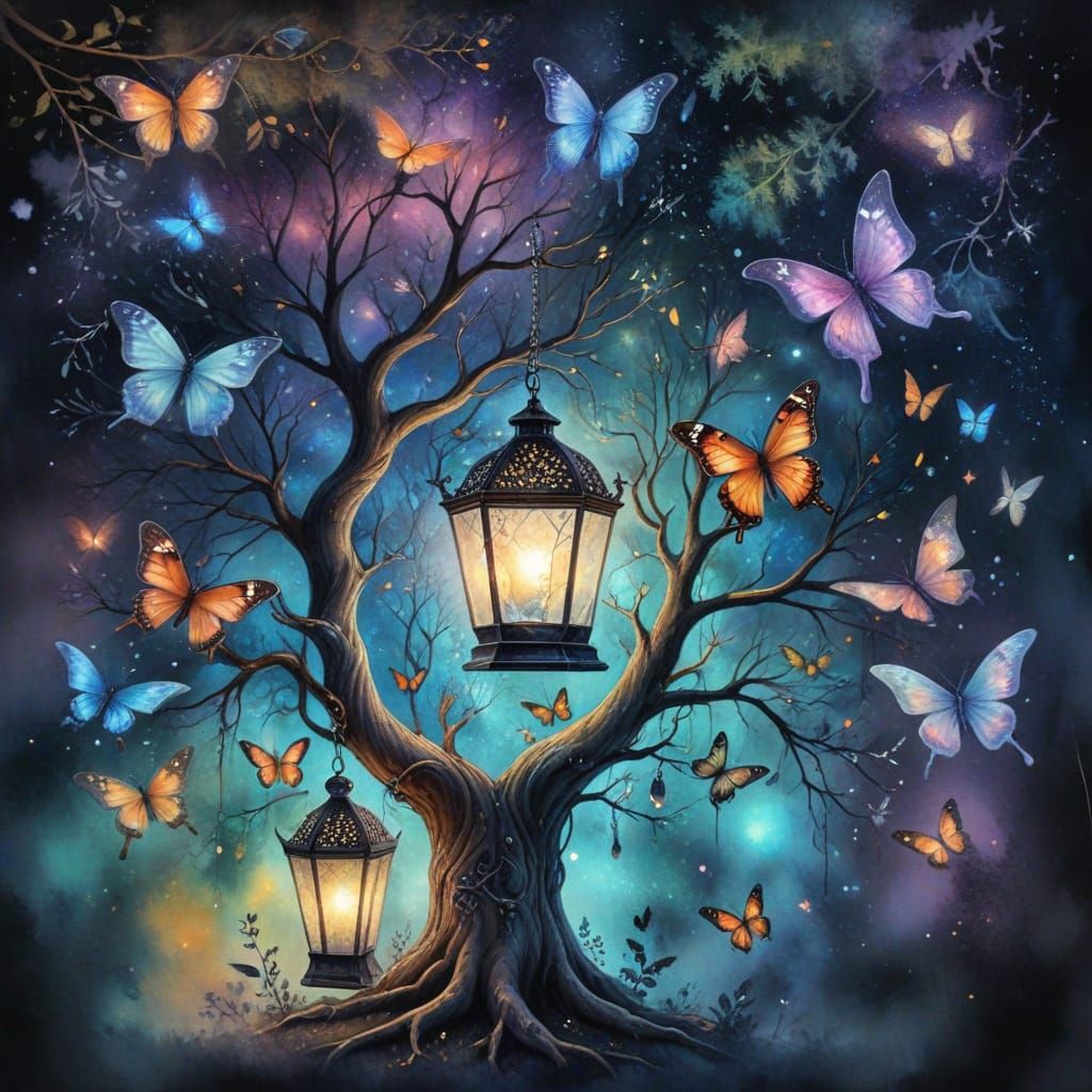 Magic Lantern on Ancient Tree: Watercolor Art