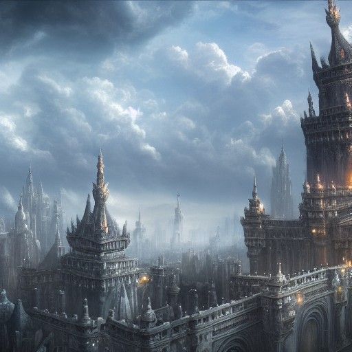 Silver Fantasy City with High Towers and Palaces