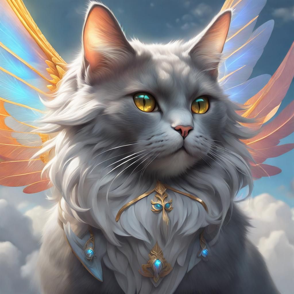 Winged Cat Ascends to Heaven: Digital Portrait