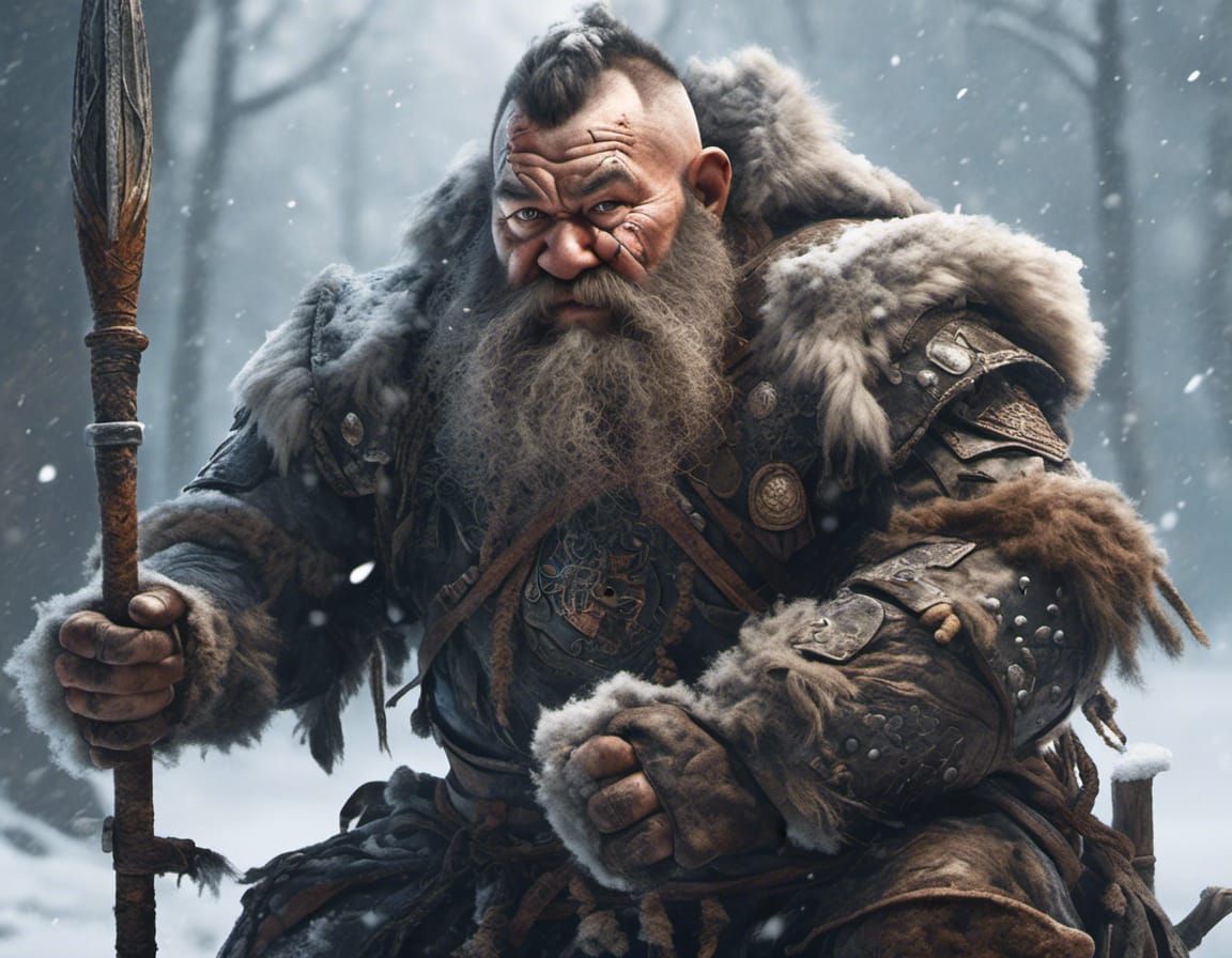 Hyperrealistic Dwarf Warrior Defends in Snowy Landscape