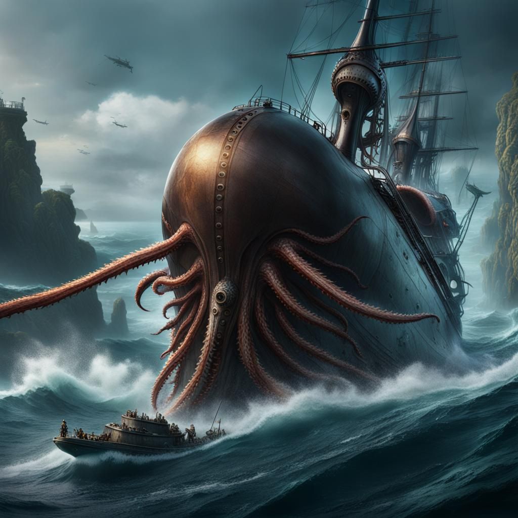 Giant Squid Attacks Nautilus Submarine: Fantasy Concept Art