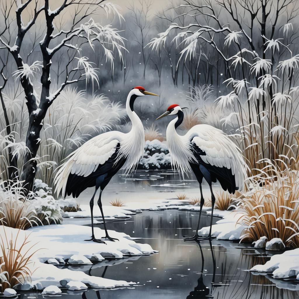 Japanese Cranes Dance in Snowy Garden Watercolor