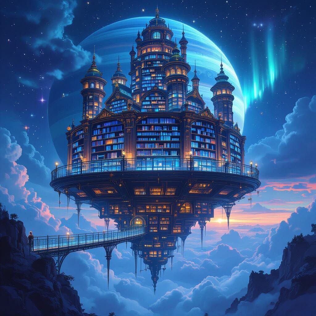 Colossal Floating Library Orbiting Neptune in Watercolor Sty...