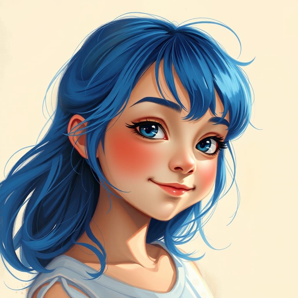 Dreamy Girl with Vibrant Blue Hair and Mischievous Eyes