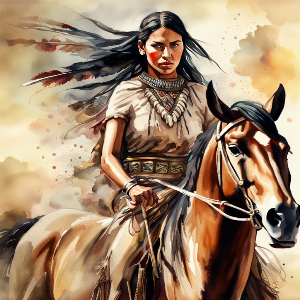 Native American Woman on Horse, Watercolor Painting