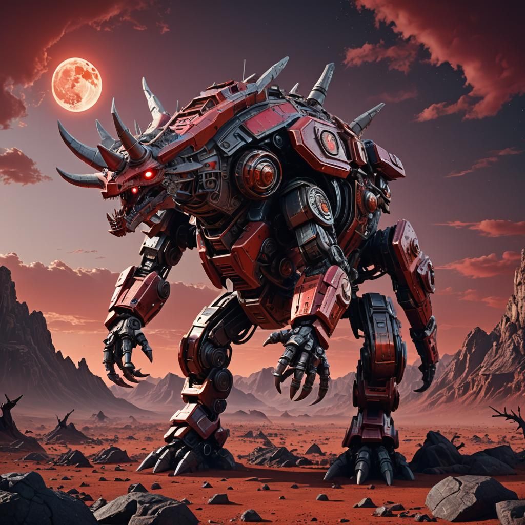 Raging Triceratops Under Red Sky in Sci-Fi Style