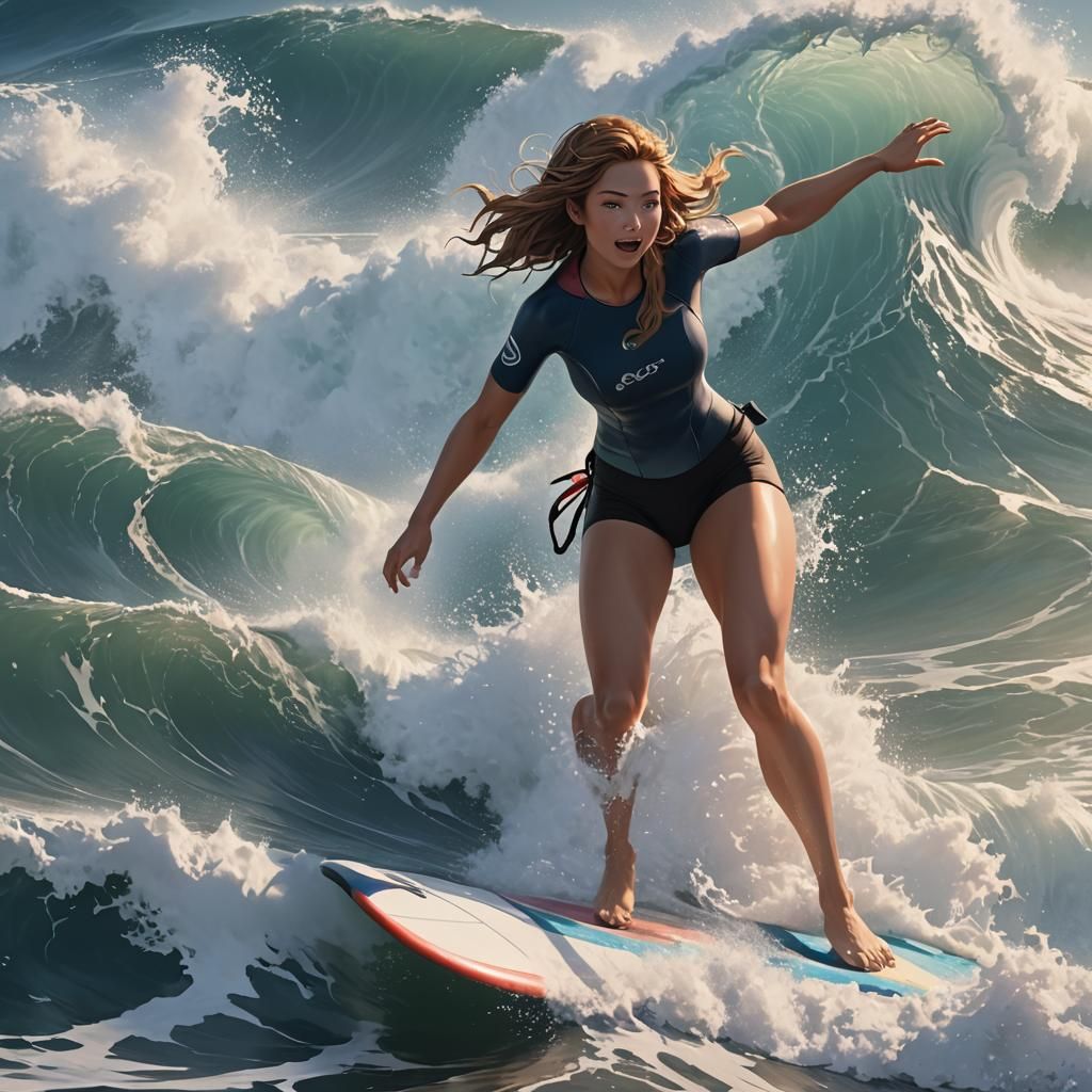 Anime Girl Surfing a High Wave in 3D