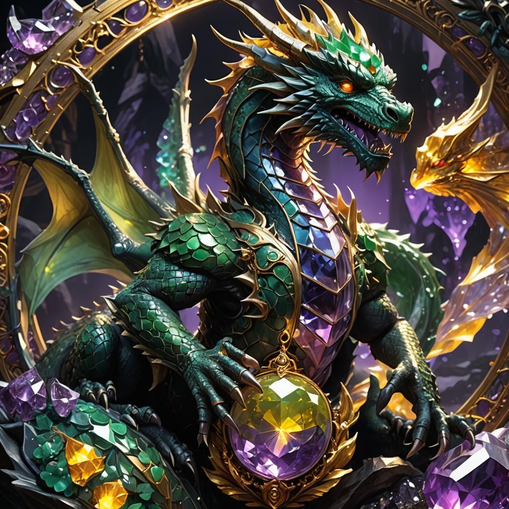 Crystal Dragon with Jade Pendant: Dark Fantasy Art