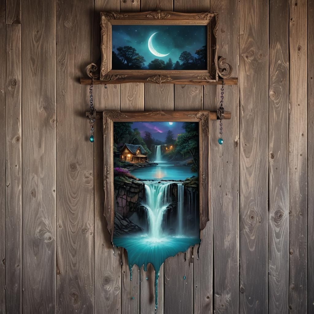 Crescent Moon Waterfall in Dreamlike Matte Painting