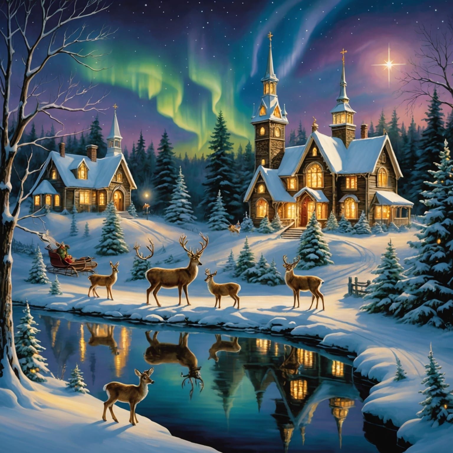 Magical Christmas Woods with Northern Lights