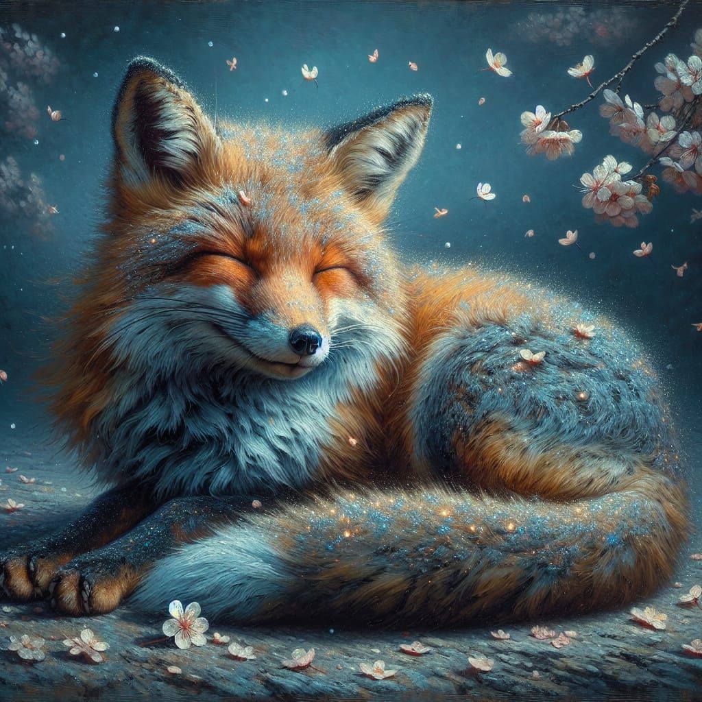 Fox in Moonlight with Cherry Blossoms as Oil Painting