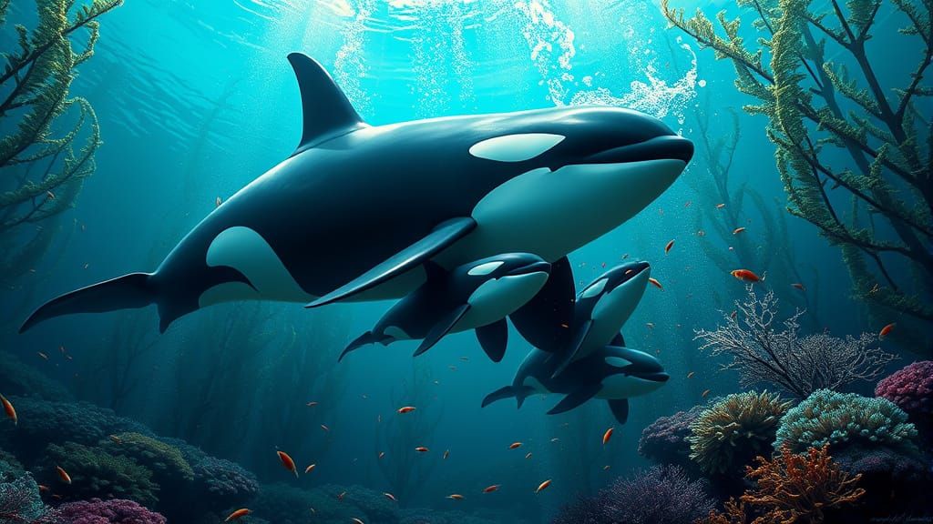 Orca Family in Underwater Kelp Forest: Digital Art