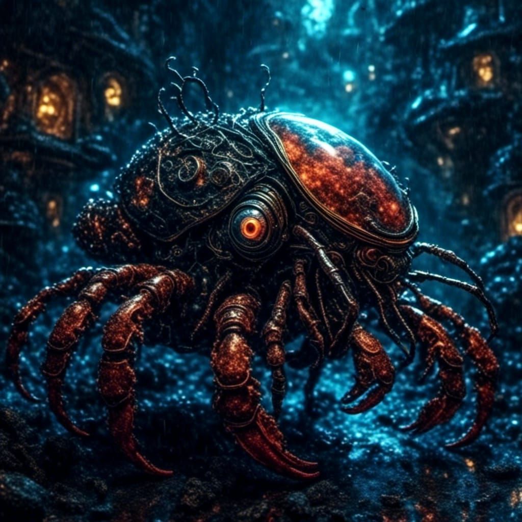 Giant Cyborg Hermit Crab in Sci-Fi Dwelling