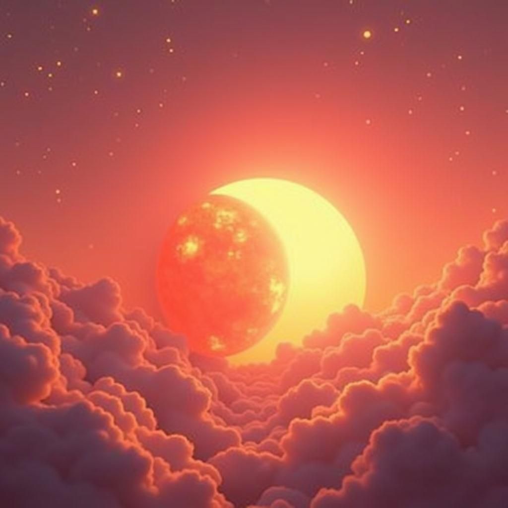 Sun Kisses Moon in Sunset Fantasy Concept Art