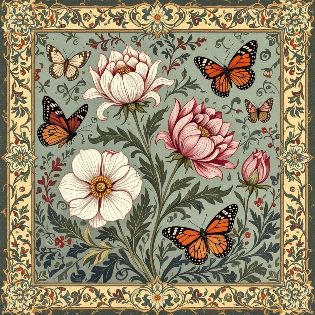 William Morris Style Florals and Butterflies Pattern