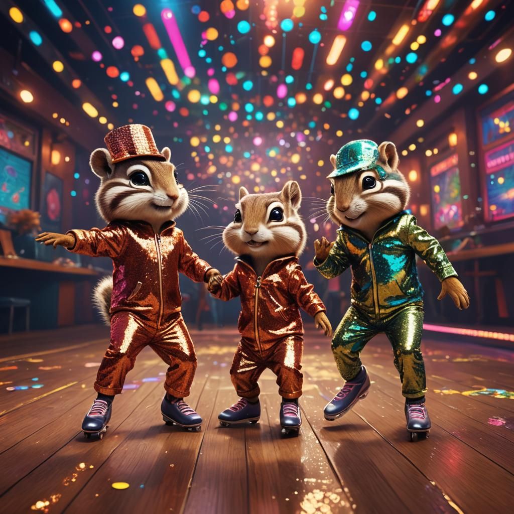 Chipmunks Rollerskating in 1970s Disco Hall