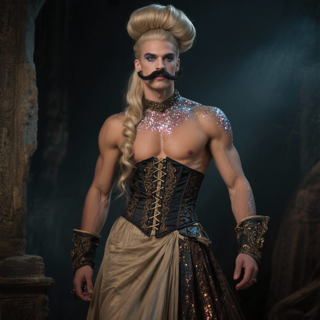Conquistador Man in Corset and Skirt with Elaborate Hairstyl...