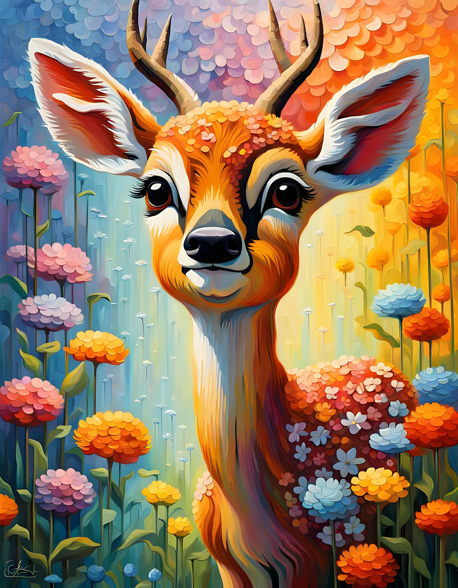 Adorable Fawn in Impressionist Floral Landscape