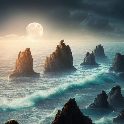 Dramatic Full Moon Over Ocean at Night