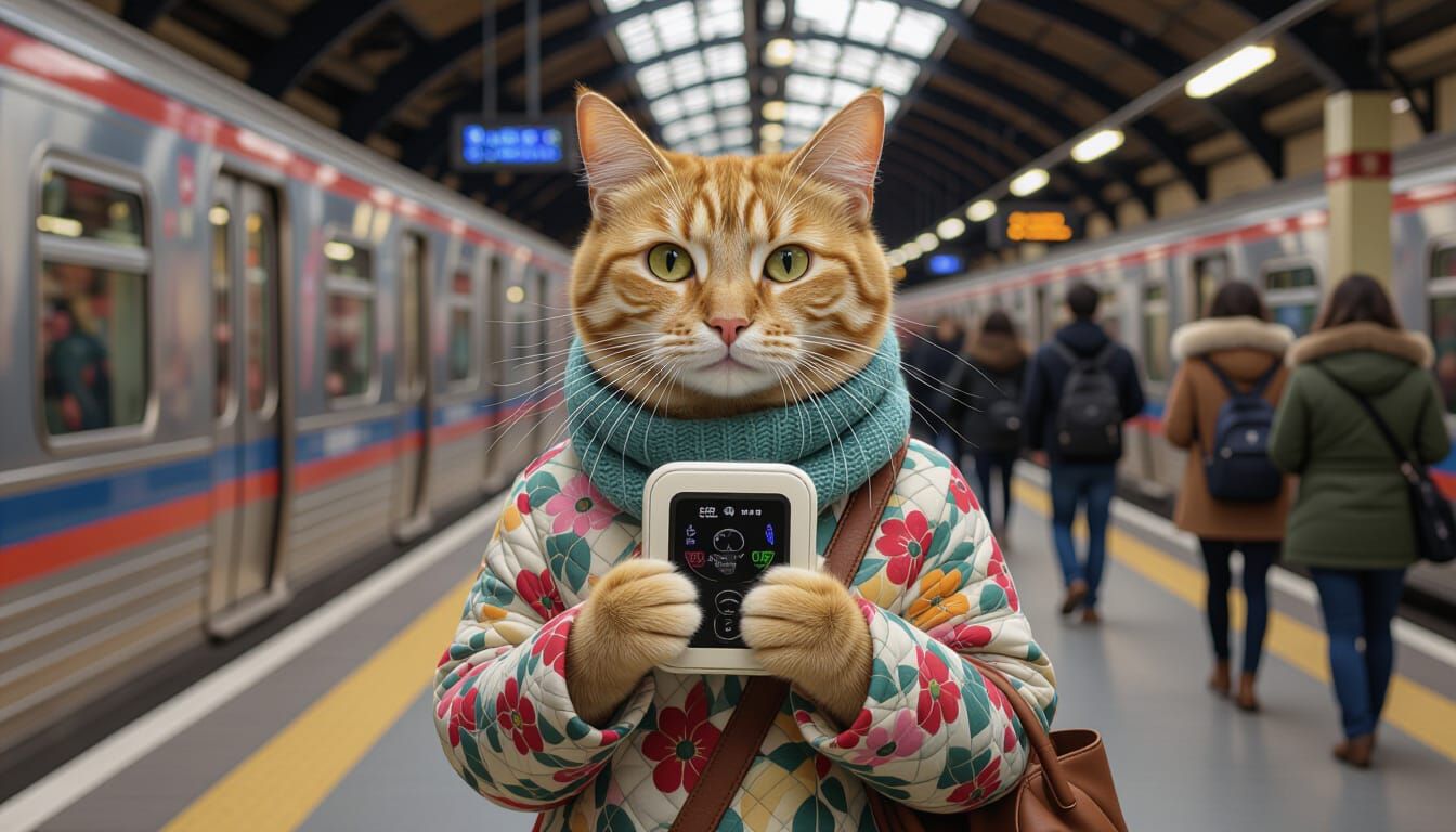 Anthropomorphic Cat with Pocket Atmosphere Device at Train S...