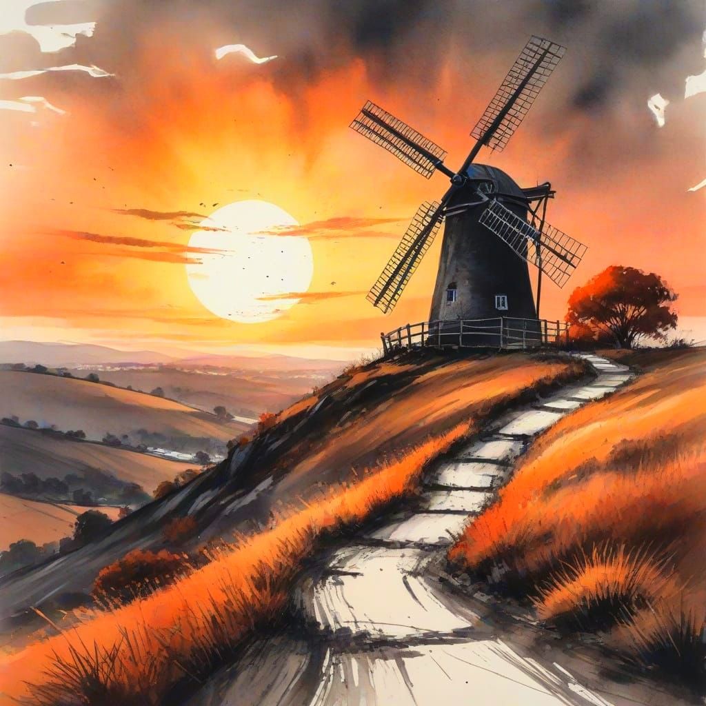 Vibrant Sunset Windmill Scene in Charcoal Sketch Style