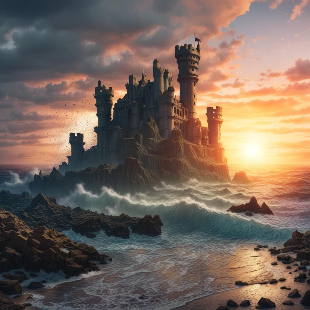 Fantasy Seashore Sunset with Castle Ruins