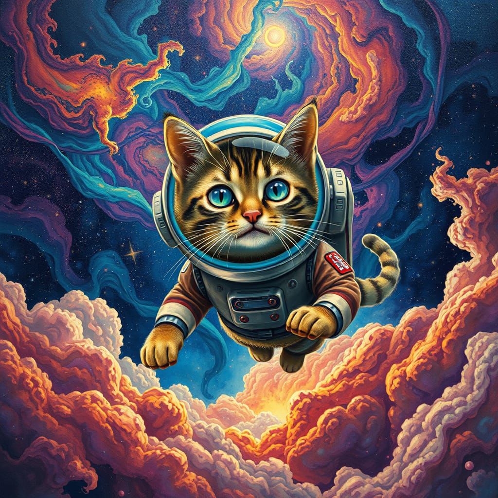 Cosmic Feline Odyssey in Vibrant, 8K Holographic Art